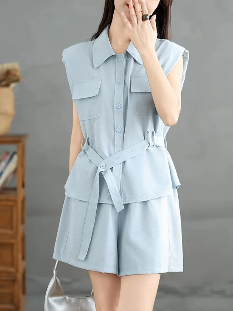 

Women's Elegant Sets Summer Fashion Korean Style Multi-pocket Sleeveless Shirts Solid Color Elastic Waist Shorts Two Pieces Sets