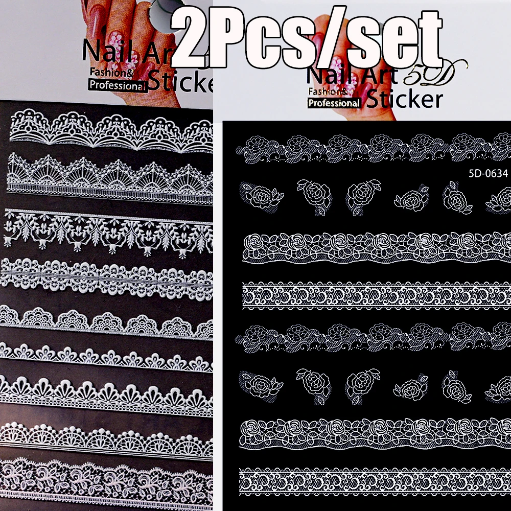 1/2Sheet/set Y2K 5D White Lace Flower Nail Art Stickers Embossed White Flowers Decal For Wedding Bride Lace Flowers Nail Slider