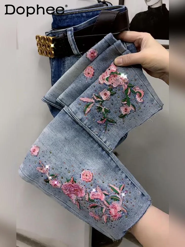 Exquisite Embroidered Flowers Rhinestone High Waist Jeans for Women 2024 Spring Summer New Versatile Burr Cropped Straight Pants