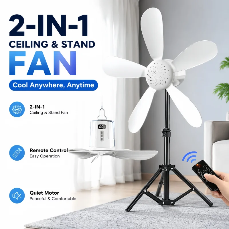 10800mAh USB Ceiling Fan DC 5V Air Circulator Fan 5 Detachable Blades Portable Hanging Ceiling Fans Camping Fan for RV & Home