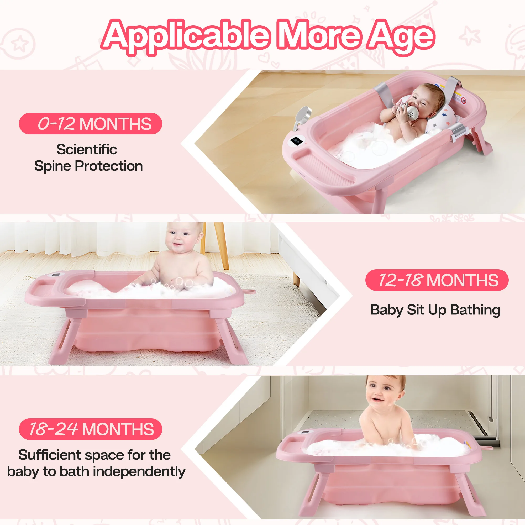 Bak mandi bayi, bak mandi bayi dengan bantalan lembut & termometer, bak mandi bayi baru lahir ke balita 0-36 bulan, bak mandi bayi portabel bepergian