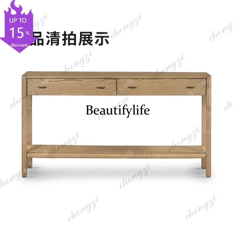 M182 French retro solid wood porch table American storage cabinet foyer decorative cabinet rattan weaving case