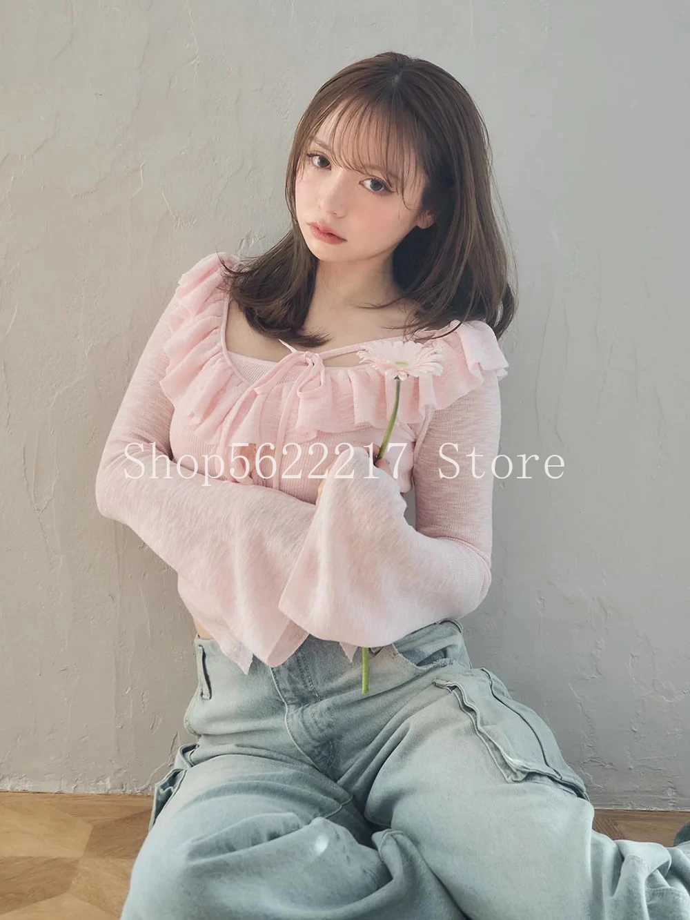 

Japanese Style Spring Summer Long Sleeve Women Blouses Cute Ruffles V-neck Pullover Crop Top Solid Color Lady Knitted Shirts
