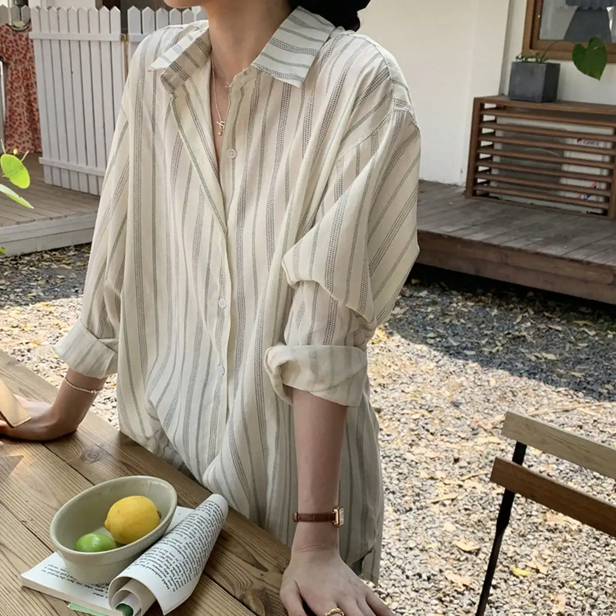 Korean Chic Early Autum Hong Kong Style Retro Thin Stripesd Long-Sleeved Shirt Ins Style Single-Breasted Stacked Shirt for Women