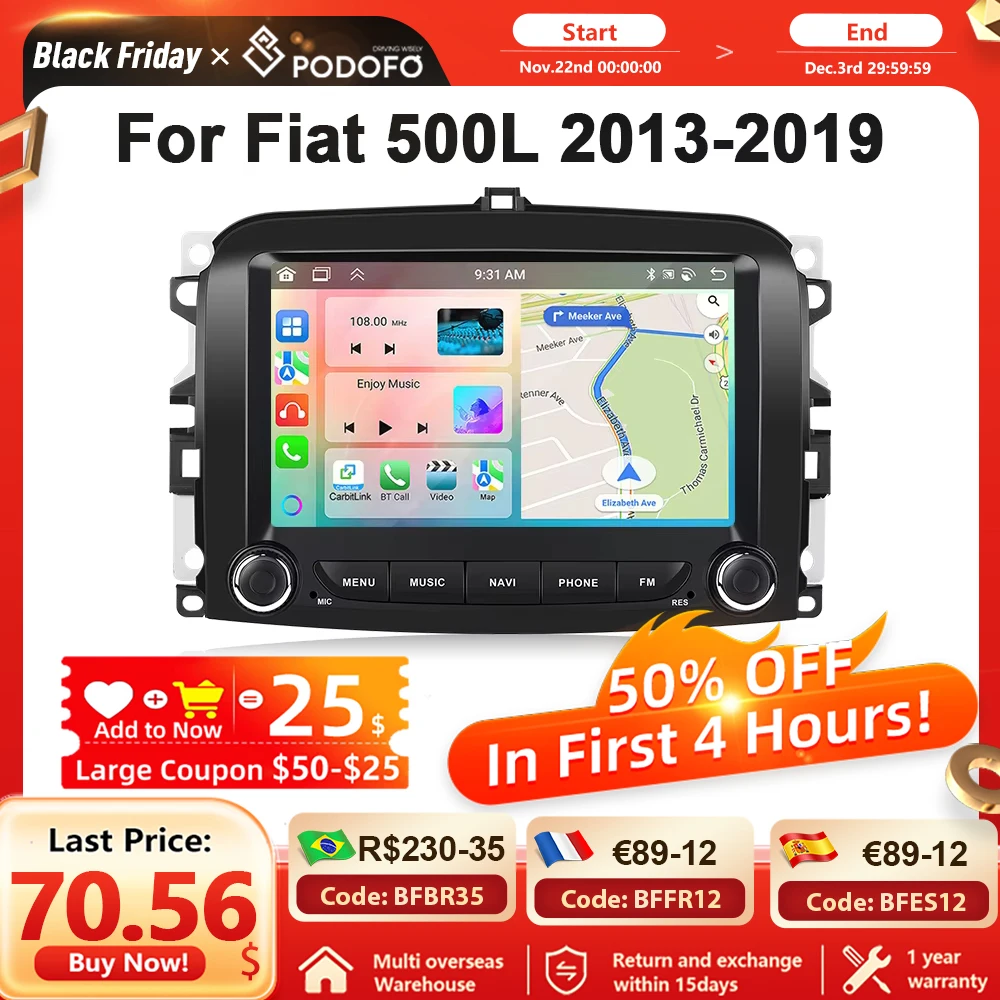 Podofo 2din Auto Radio 7inch For Fiat 500L 2013-2019 Carplay Android auto Car Multimidia Player GPS Navigation WIFI Bluetooth