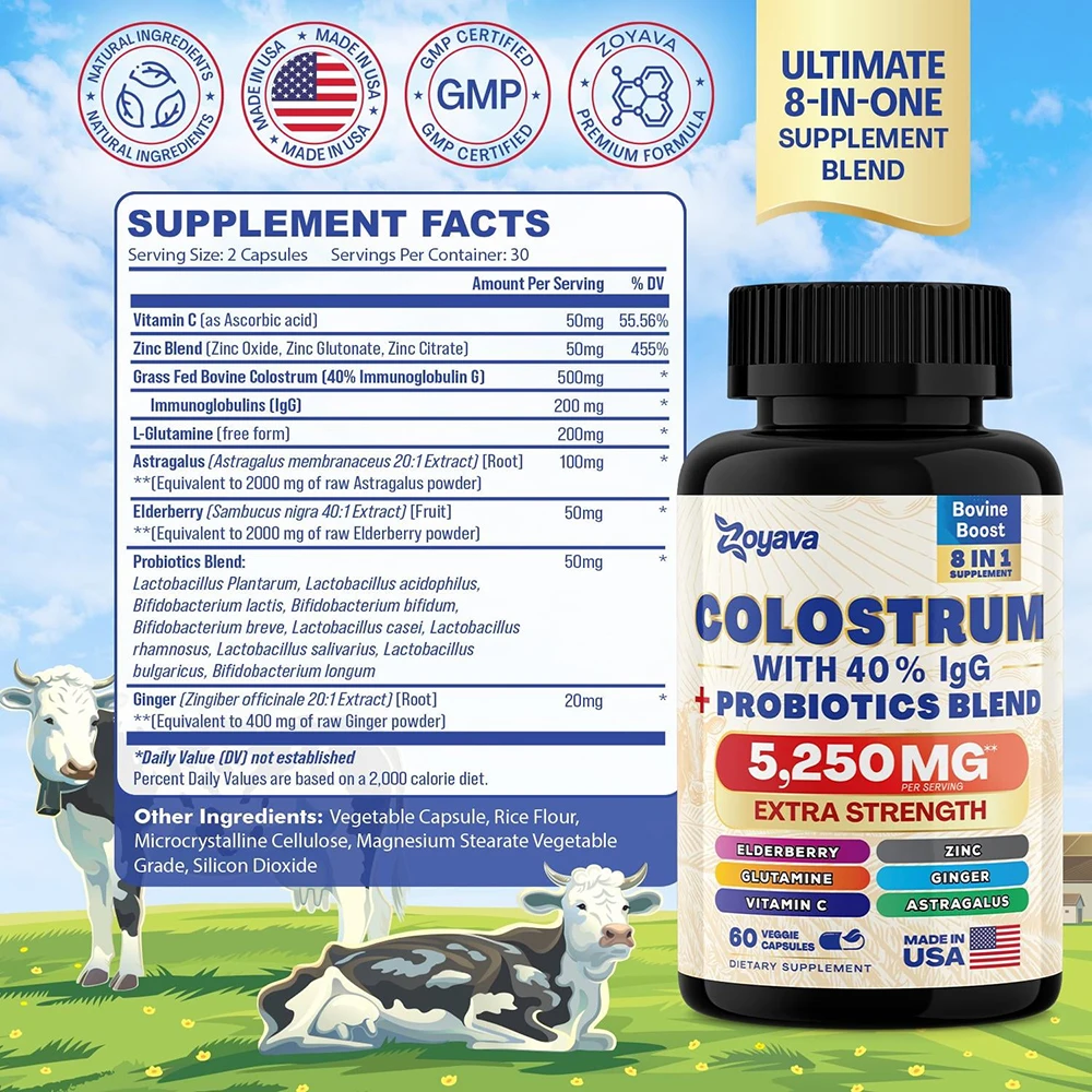 Colostrum Supplement Capsules 5250 Mg, Supports Overall Vitality, Hair & Energy