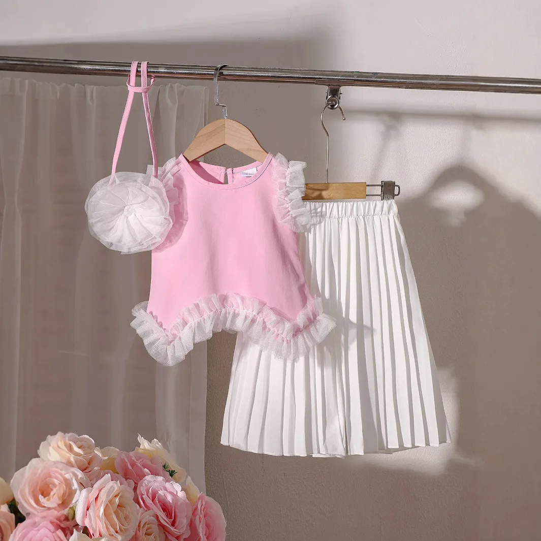 Summer New Baby Girls' Suit Solid Color Lace Vest with Pants Hanging Bag Kids Fashion Three Piece Set