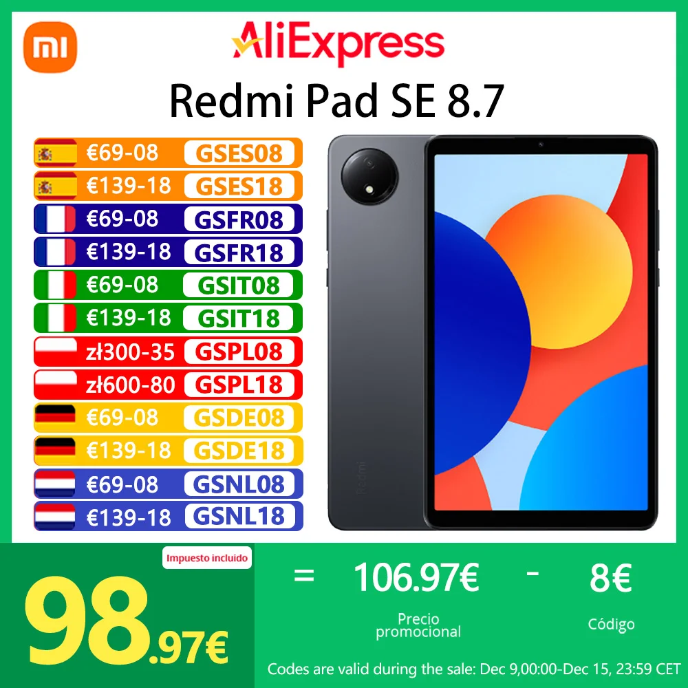 Xiaomi Redmi Pad SE 8.7 Tableta，MediaTek Helio G85， 8,7 pulgadas, pequeña y portátil，90 Hz，Cámara 8 MP，6650 mAh