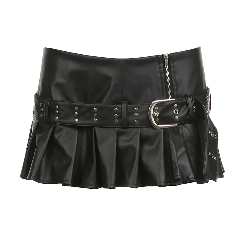 Nouvelle mode rue Sexy fendu Rivet Pu jupe en cuir avec ceinture fermeture éclair jupe courte plissée