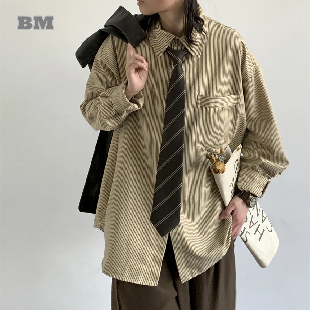 

Spring Autumn Japanese Vintage Preppy Striped Shirt For Men Women Korean Fashion Casual Long Sleeve Harajuku Khaki Thin Coat