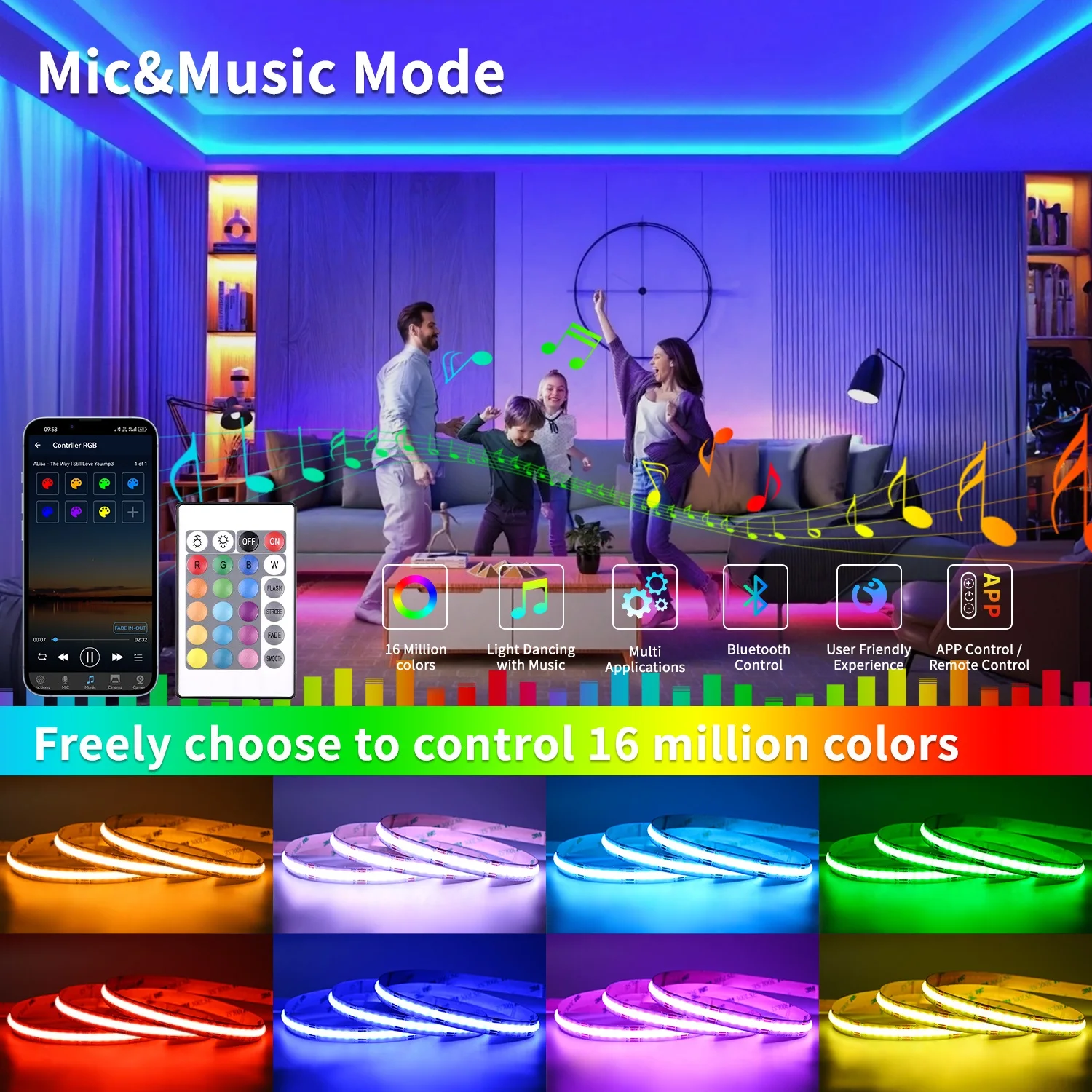 شريط إضاءة LED RGB COB مع خاصية التحكم بالتطبيق وتغيير الألوان ومزامنة الموسيقى، شريط إضاءة LED 576 مصباح/متر، شريط مرن لتزيين الغرفة وإضاءة خلفية للتلفزيون