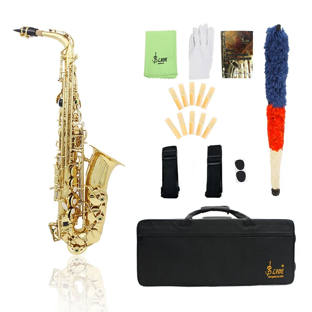 

SLADE Eb Alto Saxophone Brass Lacquered Gold E Flat Sax Woodwind Instrument with Cleaning Brush Case Strap Gloves Accessories