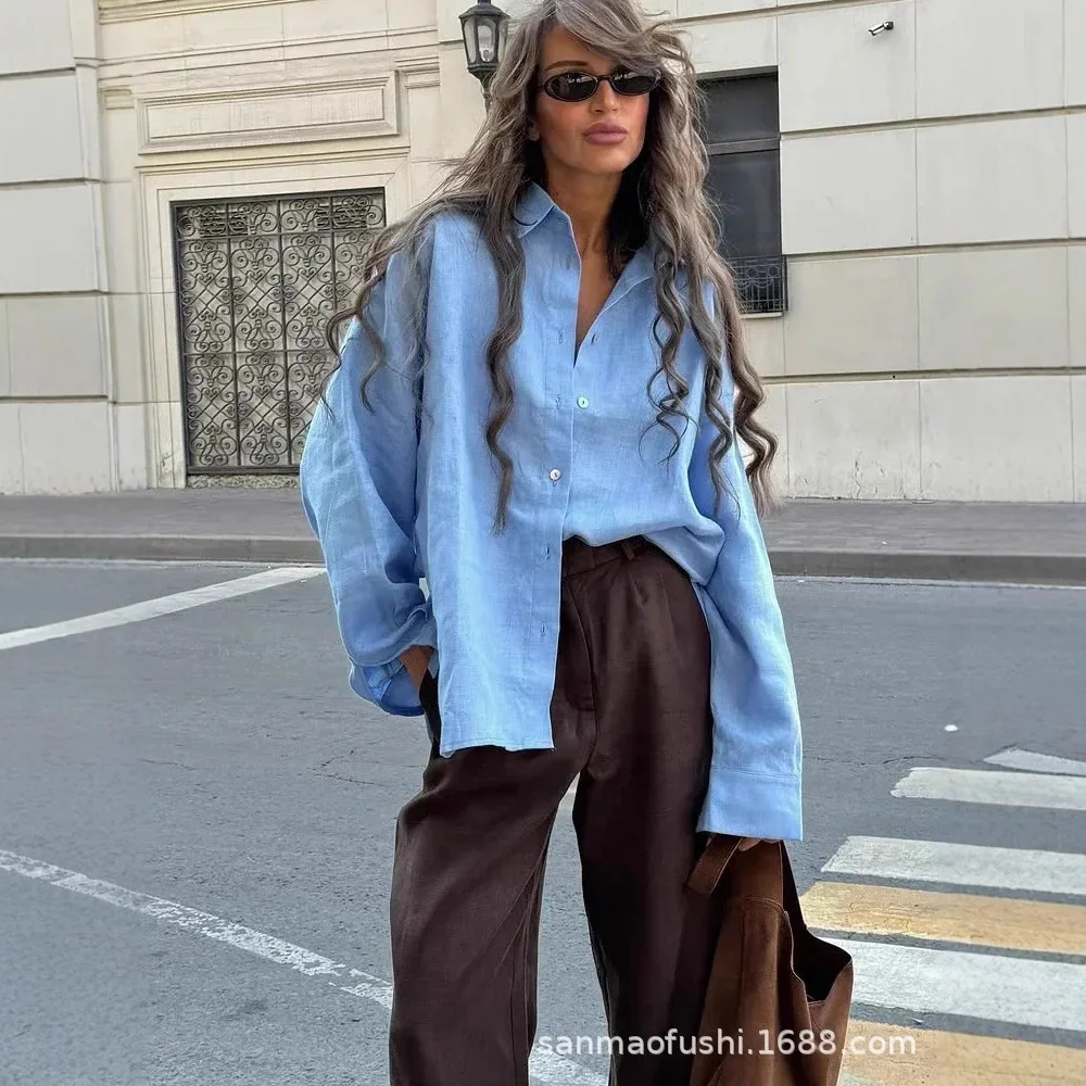 

Women's Linen White Shirt Long Sleeve Elegant Pink Loose Fashionable Casual Shirt Autumn Retro Basic Women's Cotton Trunk Shirt