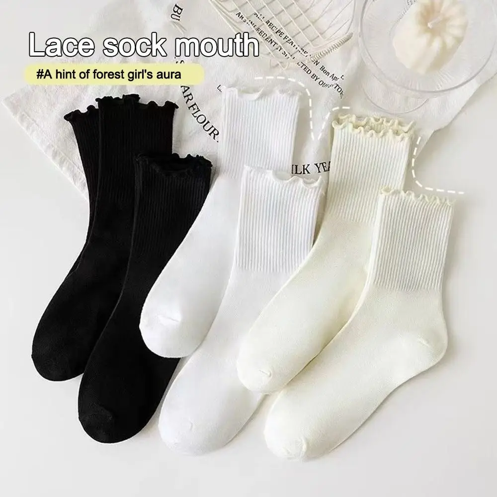 

Cute Solid Color Women Ruffle Socks Comfortable Breathable Medium Tube Sock Cotton Stack Socks