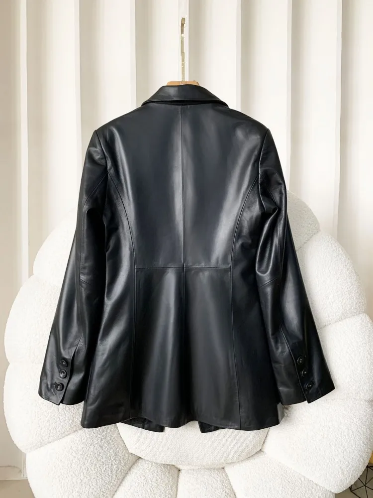 High Quality Women Single Breasted Genuine Leather Suit Jacket Fashion Office Lady Lapel Collar Slim Fit Sheepskin Blazers