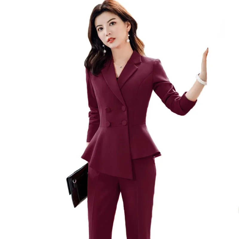 Pop 2025 Spring Summer Formal Ladies Double Breaste Blazer And Pants Suits Office Uniform 2XL Size Pants Jacket Business Work We