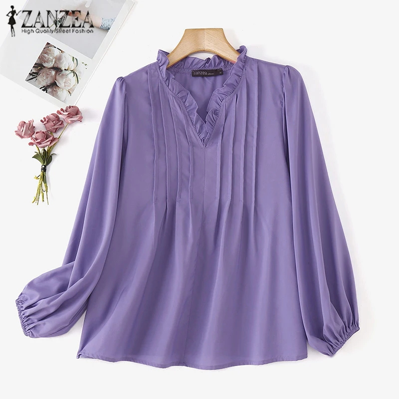 ZANZEA Women Work OL Blouse Fashion Long Puff Sleeve Shirts Ruffled Stitching Neck Tops Vintage Pleating Tunic Holiday Solid Top