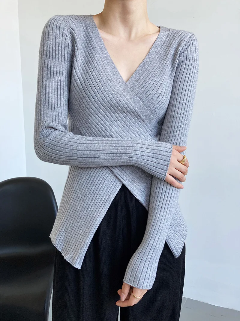 Women's Solid V-neck Sweater Clothing, Casual Cross Long Sleeve Sweater, Casual Tops For Fall & Spring