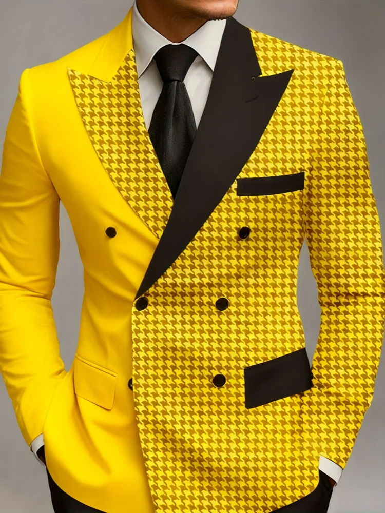 Men Contrast‑Lapel Double‑Breasted Houndstooth Spliced Slim‑Fit Wedding Party Blazer Jacket