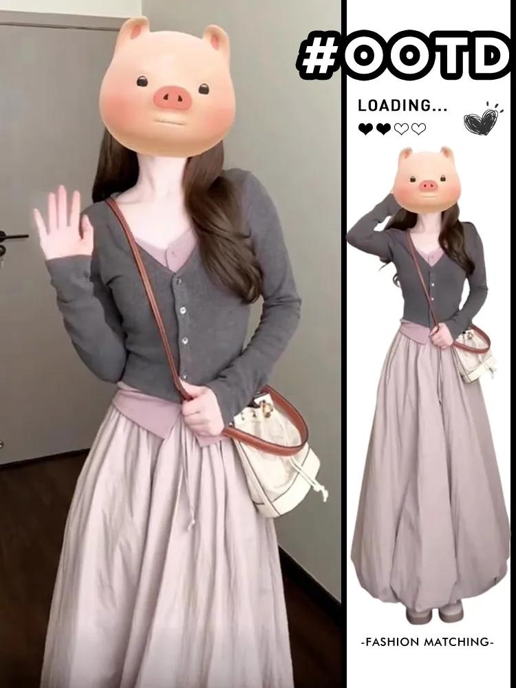 

Pink Halter Neck Pleated Skirt Women's Fashion Spring Autumn Set High Waist Long Sleeve V Neck Slim Fit Korean Style