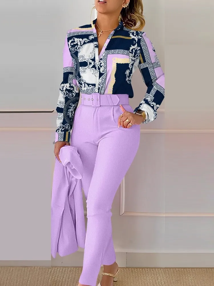 Casual Long Sleeve Shirt Pants Set Office Lady Fashion Elegant Floral Print Trousers Two Piece Set Women Outfit Spring Autumn