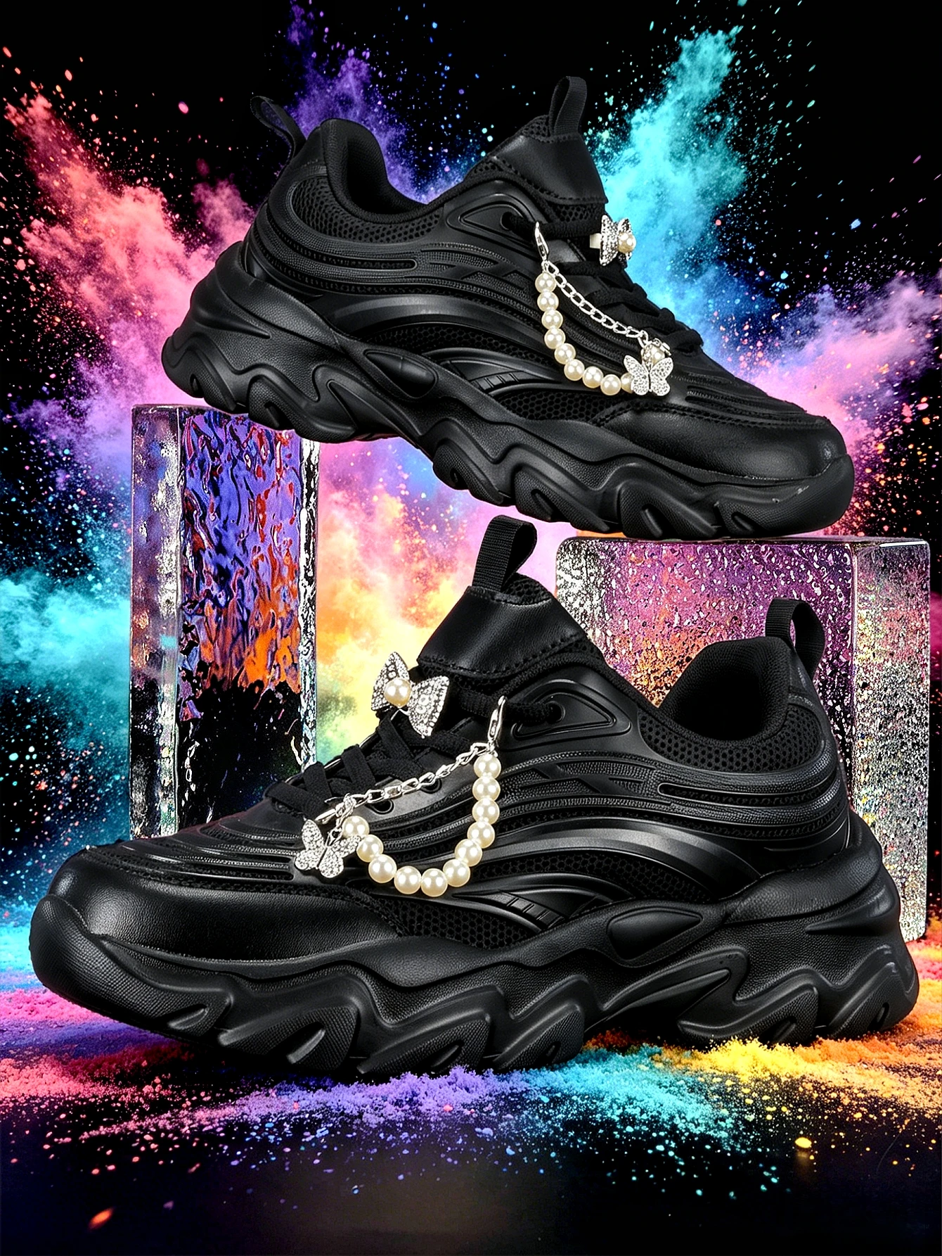 Women's Thick-Soled 5cm Height-Increasing Dad Shoes, Y2K Sweet-Cool Spicy Girl Style, Silver Bowknot, Pearl Chain Decoration, Black Casual Sneakers, All-Season Mesh Breathable Patchwork Upper, Soft Sole, Lightweight, Unique Design, Student-Friendly, Campus Daily Commute, Versatile for Multiple Occasions, Trendy Women's Shoes