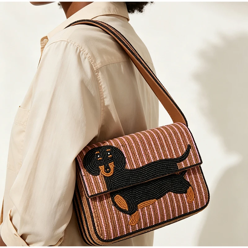 Luxury Fashionable Animal Pattern Shoulder Bag Cute Puppy Dog Embroidered Armpit Bag New Women's Commuting Handbag Square Bag