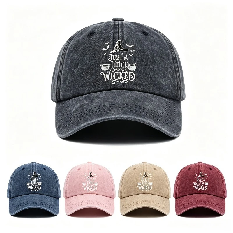 Vintage Washed Baseball Cap Just A Little Wicked Witch Embroidery Dad Hat Adjustable Strap Unisex Halloween Casual Party Sun Hat