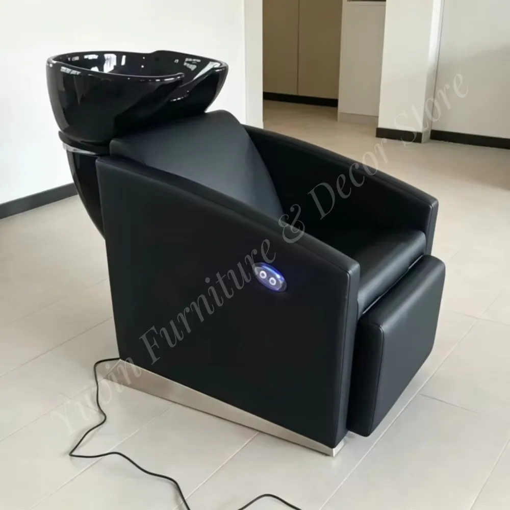 Premium Black PU Leather Shampoo Chair with Electric Recline for Professional Hair Salon