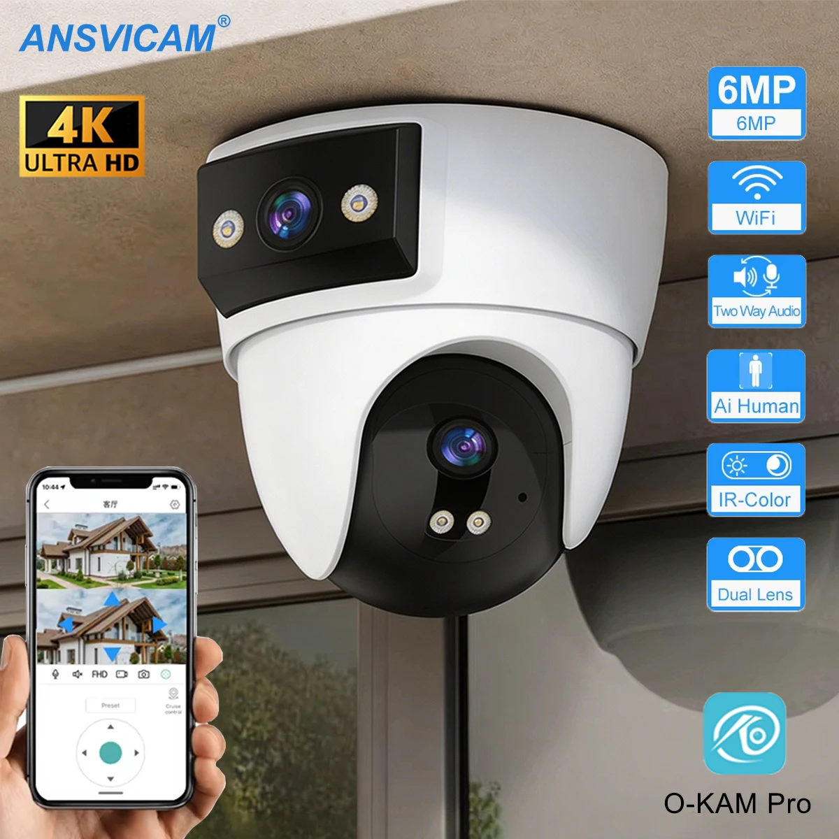

8MP 4K PTZ Security Camera with AI Human Detection - Dual-Lens Dual-Screen Outdoor WiFi IP Cam for Wireless CCTV Surveillance