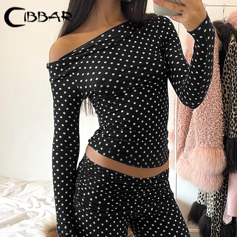 CIBBAR Casual Polka Dot Print Crop Top y2k Aesthetic Skinny Crewneck Long Sleeve T-shirts Women Basic Black Tees Shirts Harajuku