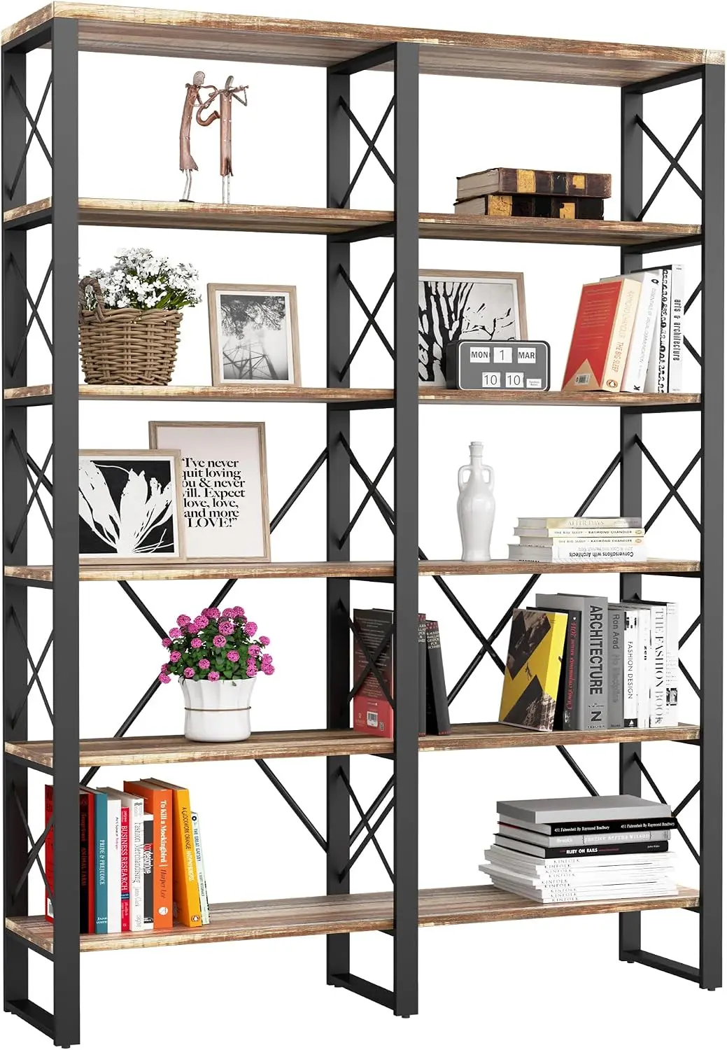 Double Wide Six Tier 76 Inch Tall Open Large Bookcase Industrial Style Shelves Home Office Easy Assembly