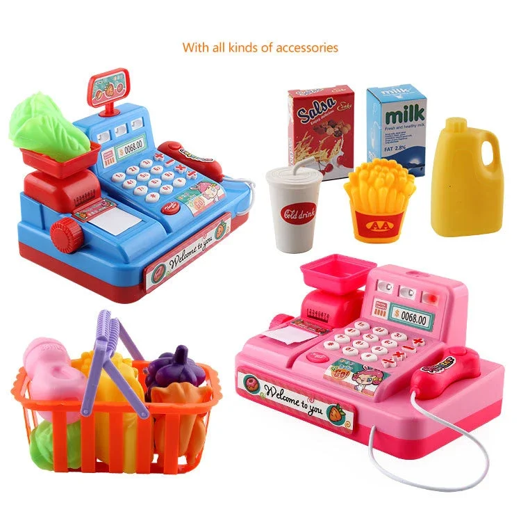 Kids Cash Register Pretend Play Toys Mini Supermarket Shopping Set Simulation Food Calculation Checkout Counter For Children