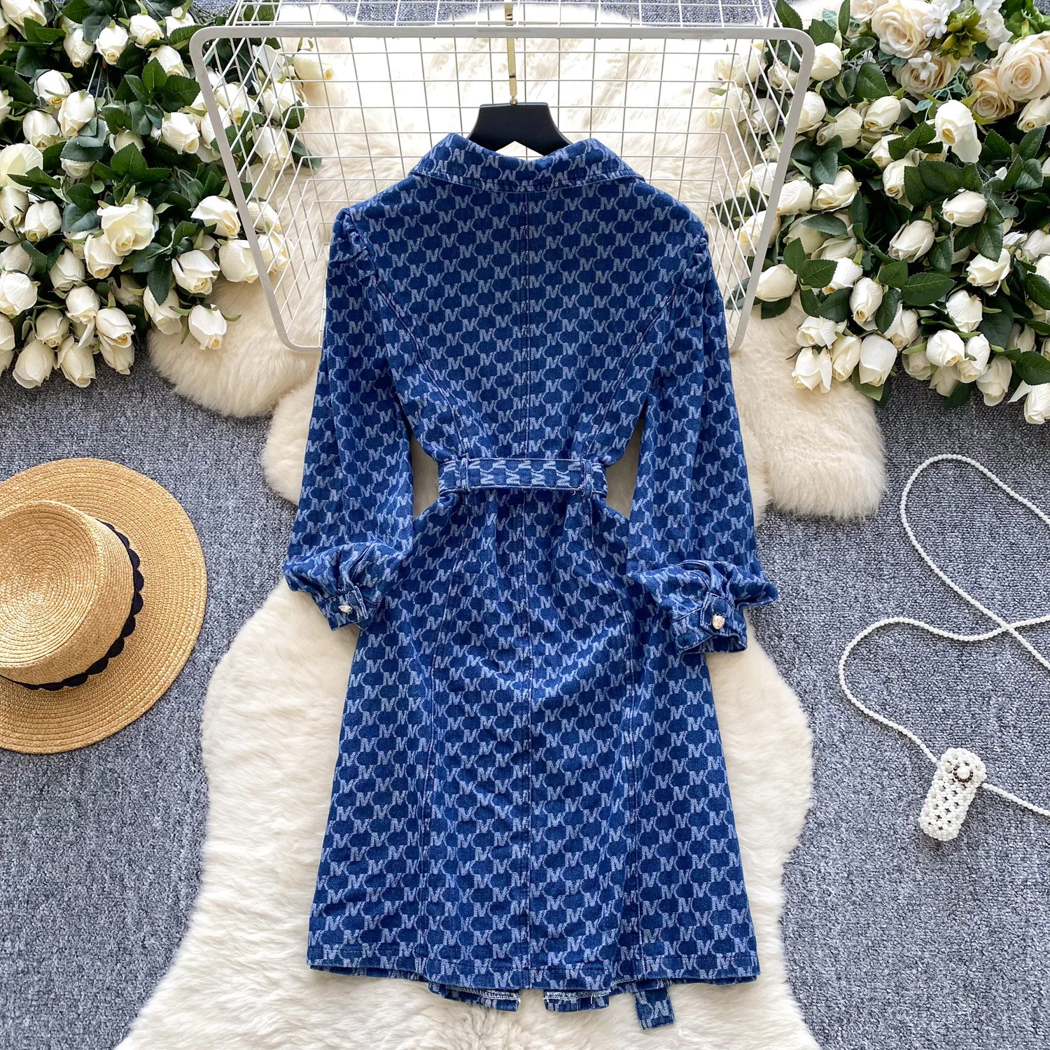 Light And Mature Style Niche Straps Waist Lapel Long-sleeved Denim Dress Women's Autumn Single-breasted Shirt Skirt
