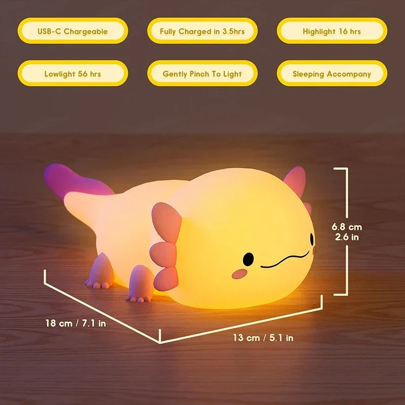 Imagem -06 - Bonito Axolotl Silicone Night Light Lâmpada de Sono do Berçário Touch Control Nightlights Lâmpada de Mesa Recarregável Usb para Bebê