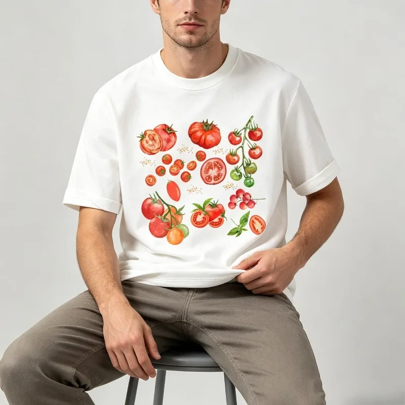 Unisex Casual Short Sleeve Tee Watercolor Various Tomatoes Print Soft Daily Summer Loose Fashion Gardening Lover Tshirt