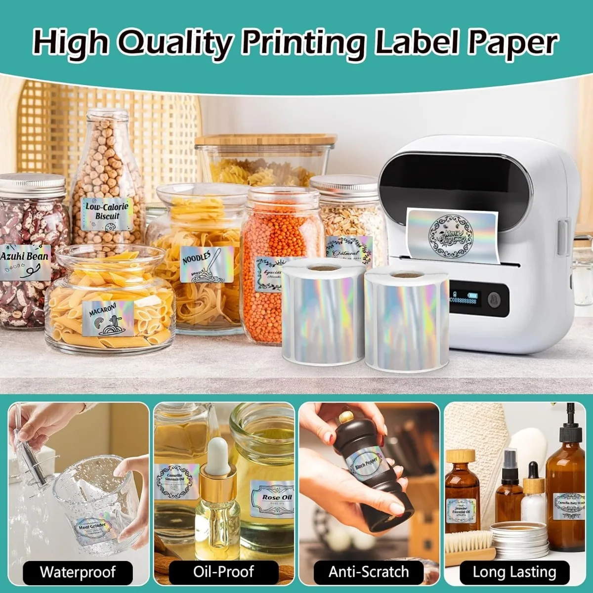 Holographic Thermal Labels 40x30mm Square Slim Sticker for Phomemo M110/M220/M120/M221, SUPVAN T50M PR0 Label Maker Printer