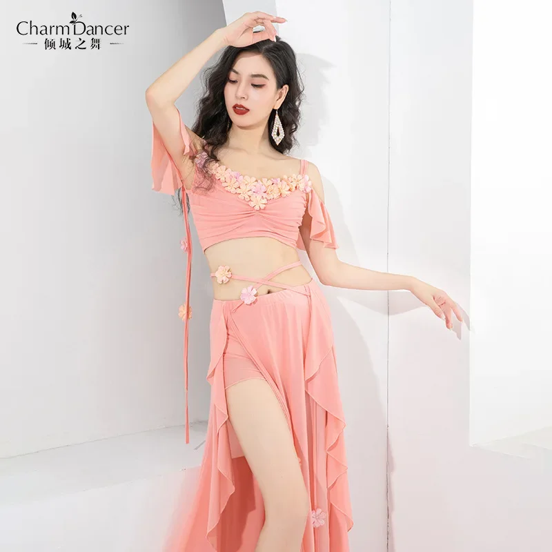 

Women Belly Dance Practice Clothes Flower Top Long Skirt Set Oriental Dancer Elegant Stage Performance Wear Purple Orange 2025