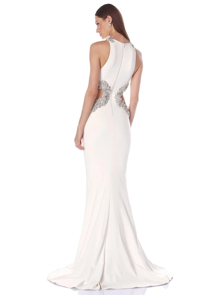 VC Damen-Abend-Maxikleid mit weißen Perlen – ärmelloses, figurbetontes Kleid mit Stehkragen und Ausschnitten, luxuriöses formelles Party-Hochzeitsgastkleid