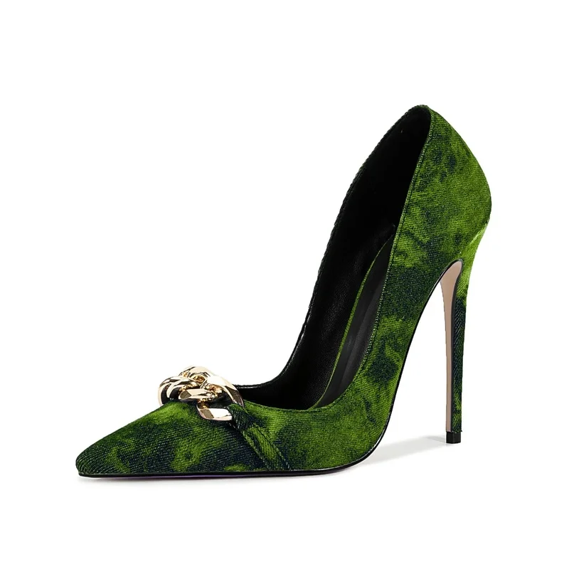 Artisan Stiletto Heels Metal Chain Pointed Toe Pump Shoes Women's Fashion Shoes Custom Heel Height Available F480