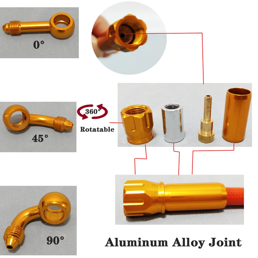 0 ° ~28 ° ~90 °   Tubo flessibile freno rosso per moto intrecciato in acciaio inossidabile M10 Tubo frizione tubo olio con banjo girevole dorato a 360 gradi