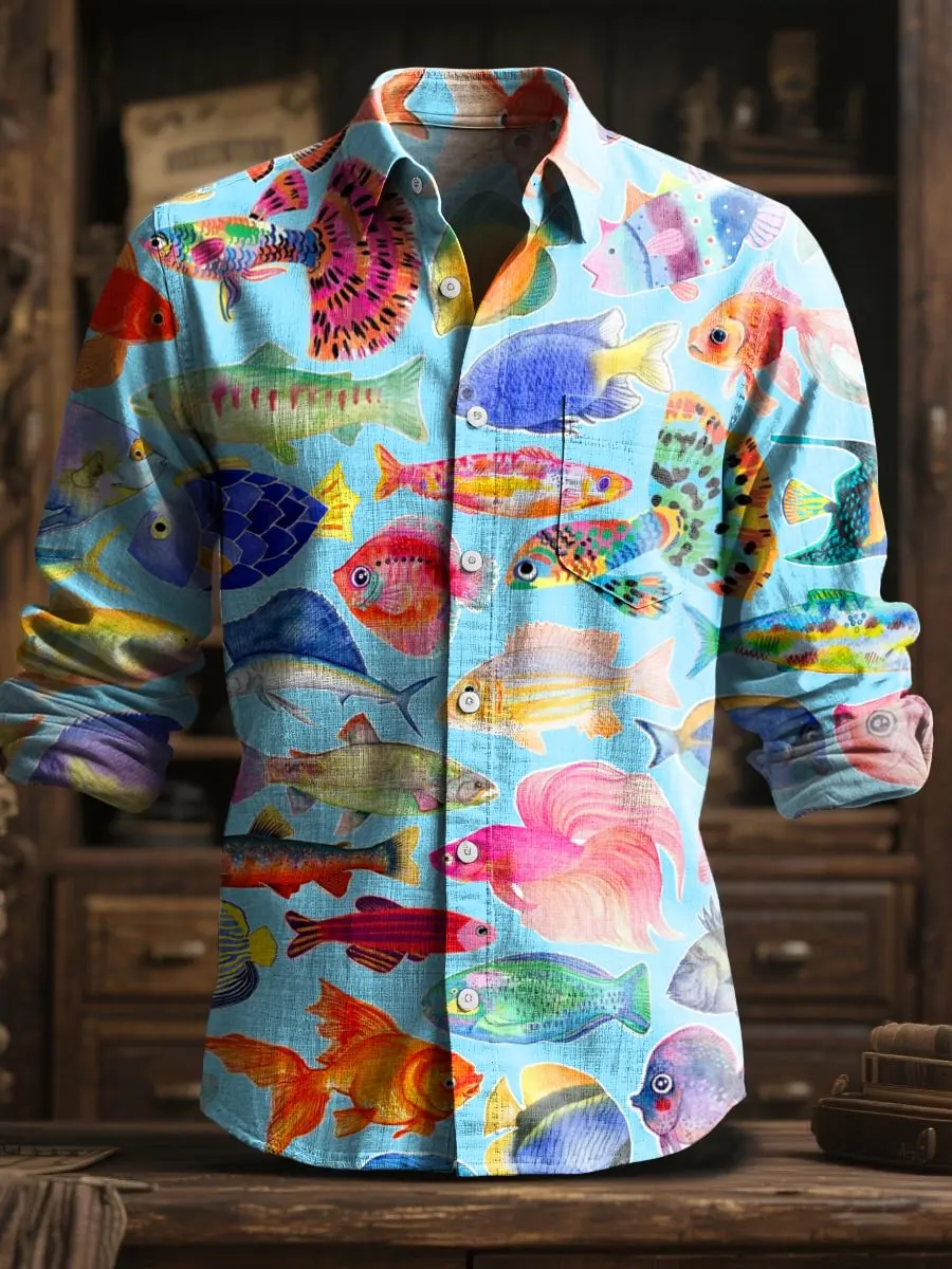 

2025 Fashion Men's Linen Pattern Printed Long Sleeve Shirt Autumn Comfortable Fabric Street Trendy Wearing