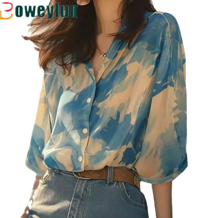 Boweylun New French Retro Seven-quarter Sleeve Shirt Blue and White Color Collision Chiffon Shirt Female