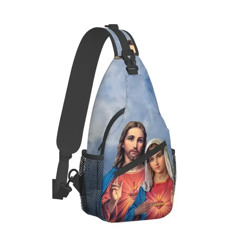 Cool Sacred And Immaculate Hearts Crossbody Sling Backpack Men Catholic Jesus and Mary Shoulder Chest Bag for Travel Cycling