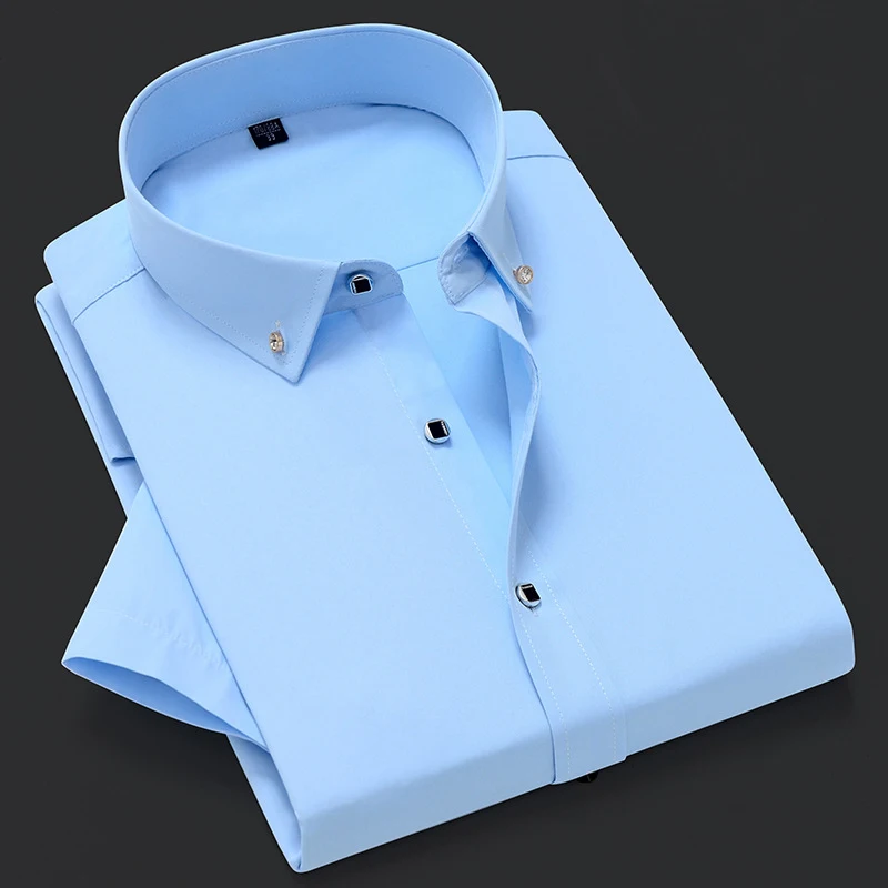 Men Short Sleeve Dress Shirt Summer Non-iron Solid Color Basic Business Formal Stretch Soft Wrinkle-resistant Office Tops NS5843