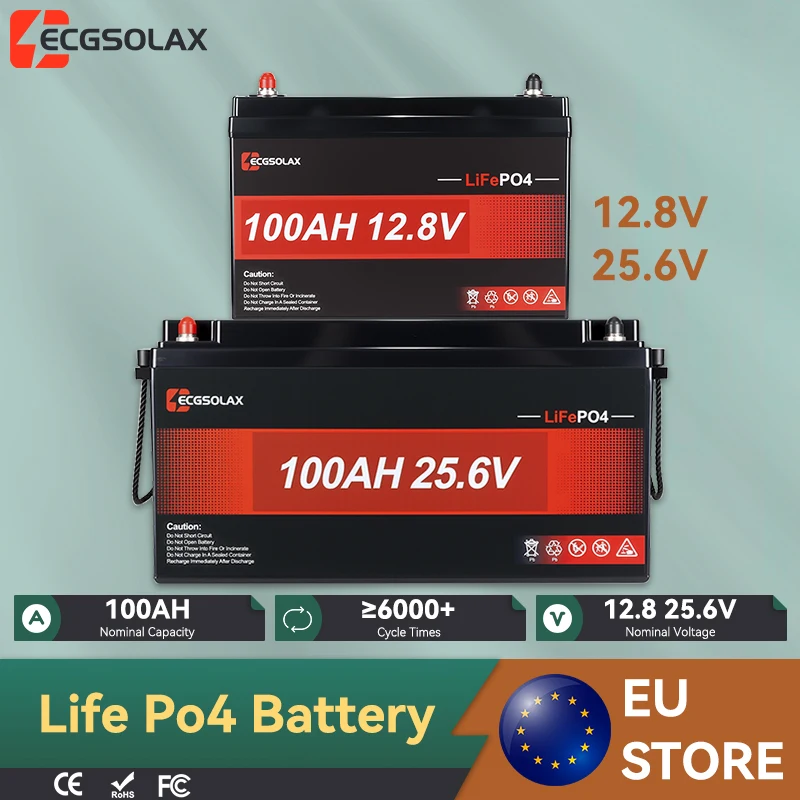 Batterie lithium LiFePO4 ECGSOLAX 12,8V/25,6V 100Ah avec BMS 100A et coupure en cas de basse température, pour stockage d'énergie solaire domestique, camping-car, camping et applications hors réseau.