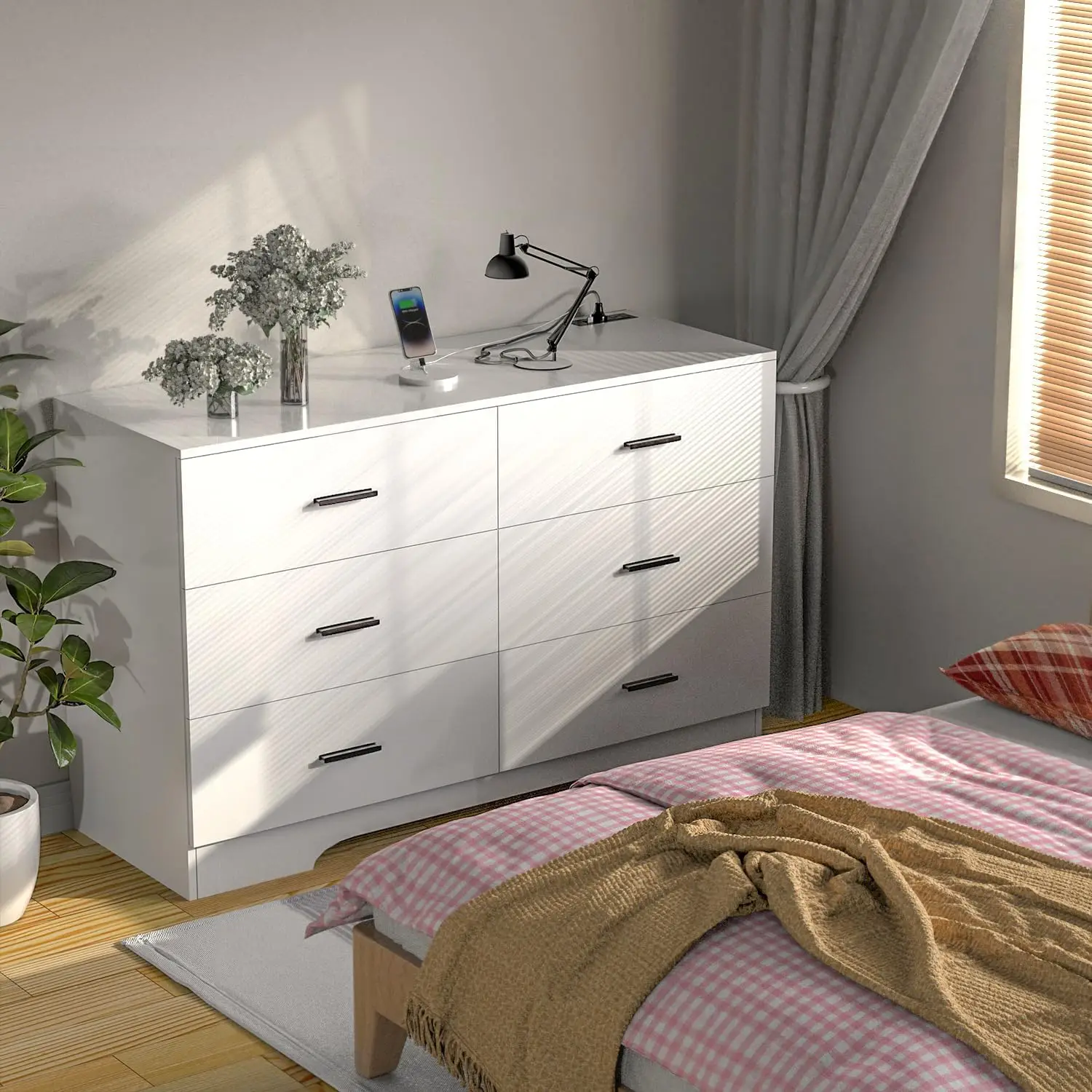 Dresser with Power Outlets Wooden 6 Drawer Dresser with USB and Type C Port Chest of Drawers for Bedroom Tall White Dresser