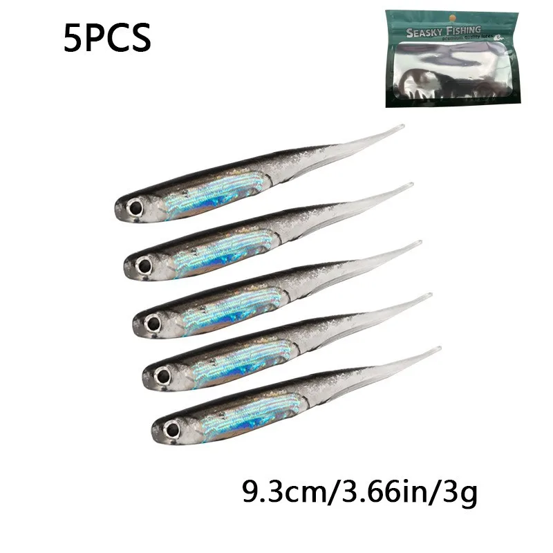 5Pcs/lot Fishing Soft Bait 7CM 7.2CM 9.2CM 2G 2.2G 2.7G T Tail Fish Fishing Lures Rainbow Color Sequin Swing Fishing Spinner Bai