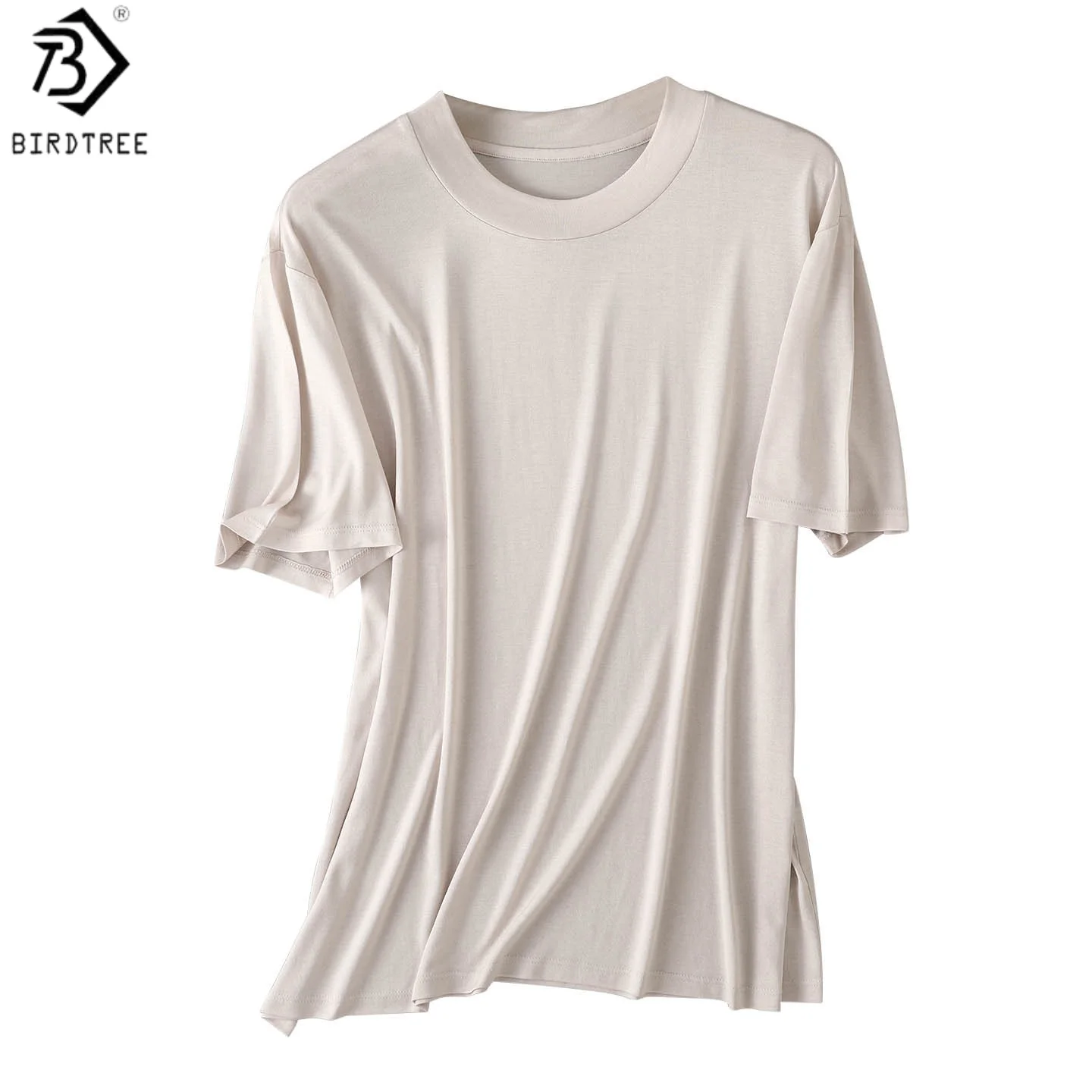 Birdtree, 95% Real Silk Solid T Shirt, O-Neck Soft Tops, Women Knitted Short Sleeve Shirt, 2026 New Breathable Clothes T61030JF