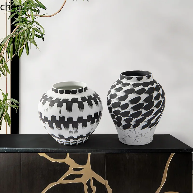 YFY New  Style Ink Wash Ceramic Large Vase Japanese Style Frosted Large Diameter Jar  Wabi-Sabi Style Study Desktop Ornament